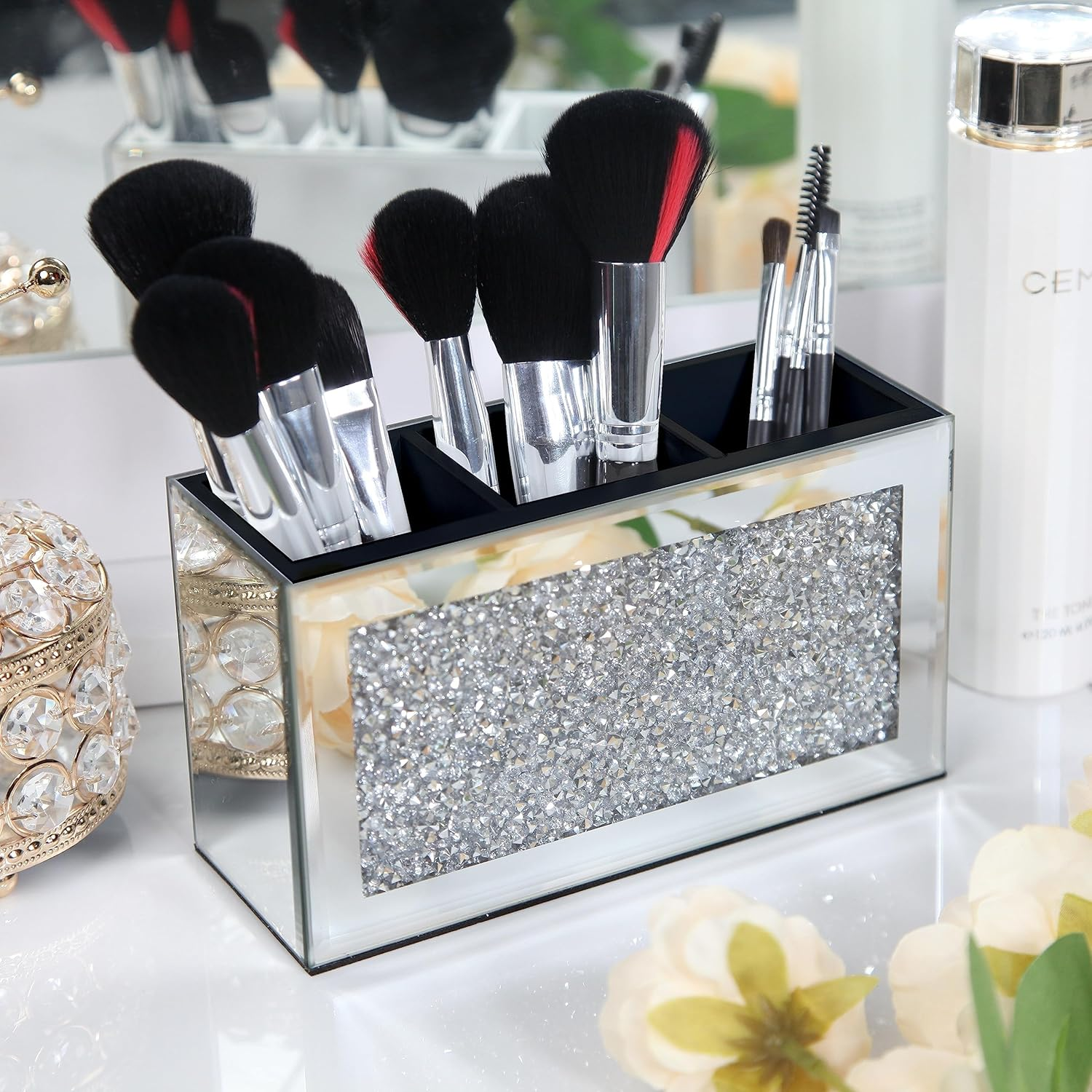 SHYFOY Mirrored Makeup Brush Holder Organizer, 3 Slot Glass Cosmetics Brushes St