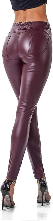 SEASUM Women'S Faux Leather Leggings Pants PU Elastic Shaping Hip Push up Black Sexy Stretchy High Waisted Tights