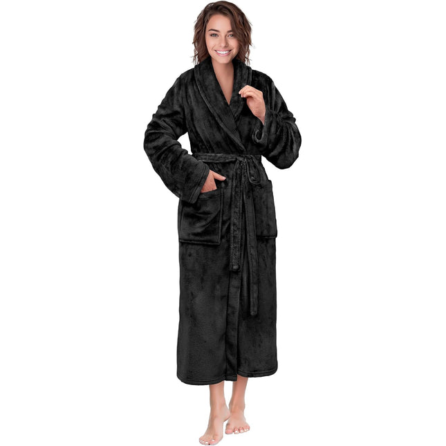 Soft full-length fleece bathrobe for women with waist tie