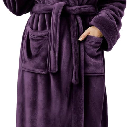Soft fleece long bath robe for women with waist tie and pockets