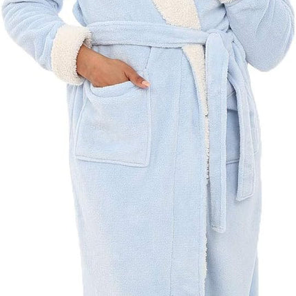 Women’s plush sherpa long bath robe with shawl collar and pockets in steel gray
