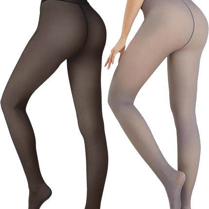 2 Pairs Women Fleece Lined Tights-Fake Translucent Leggings High Waist Pantyhose Sheer Thick Warm Tights for Women