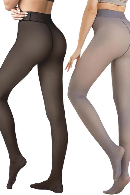 2 Pairs Women Fleece Lined Tights-Fake Translucent Leggings High Waist Pantyhose Sheer Thick Warm Tights for Women