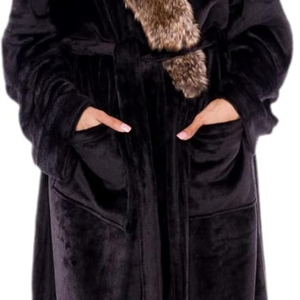 Women wearing full length plush fleece bath robe with shawl collar and tie waist in black