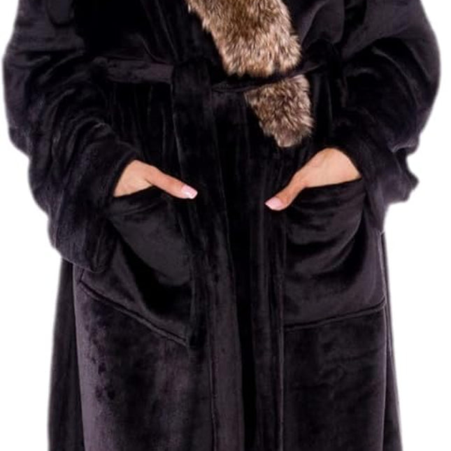 Women wearing full length plush fleece bath robe with shawl collar and tie waist in black