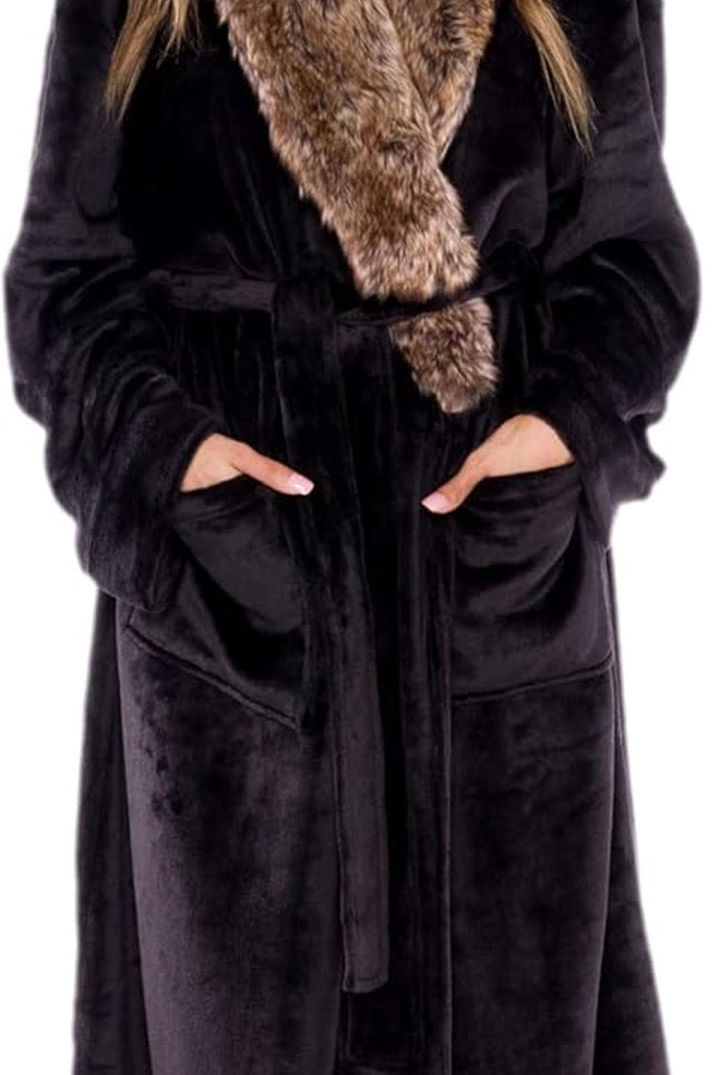 Women wearing full length plush fleece bath robe with shawl collar and tie waist in black