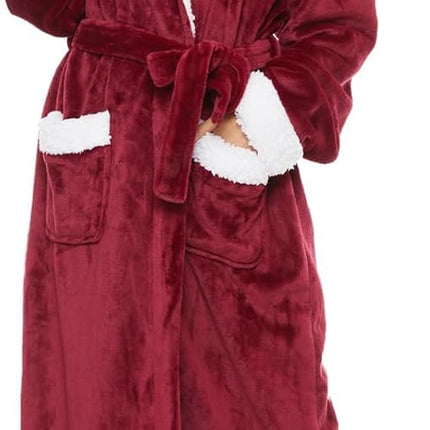 Long plush fleece hooded robe for women with soft warm fabric and relaxed fit