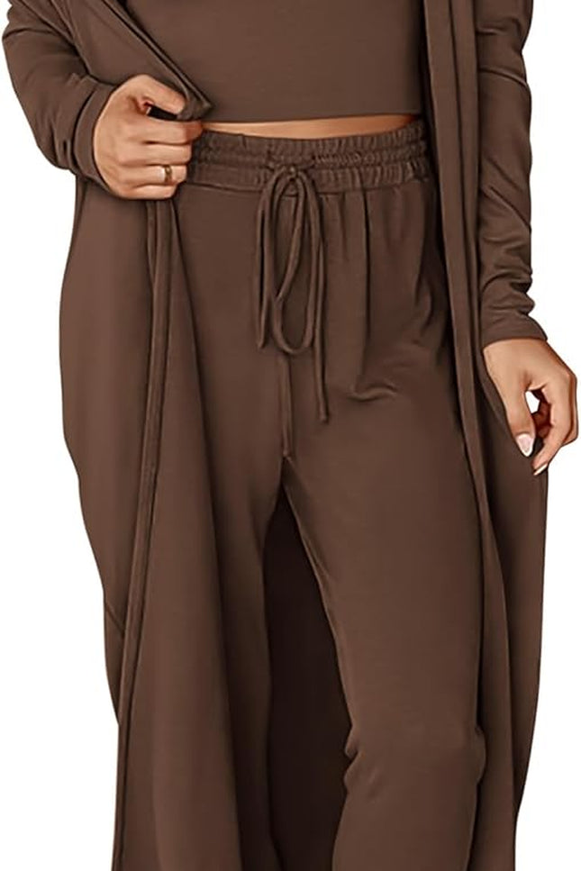 Women wearing 3-piece lounge set with long cardigan, sleeveless top, and jogger pants in army green