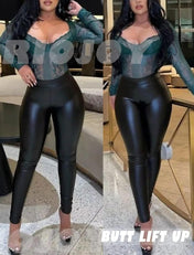 RIOJOY Womens Sexy Leather Leggings PU High Waist Butt Lifting Pleather Pants Stretchy Faux Leather Tights Push Up