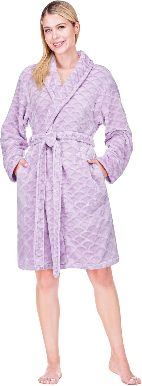 Women’s Plush Fleece Kimono Robe with Pockets – Soft Knee-Length Cozy Bathrobe