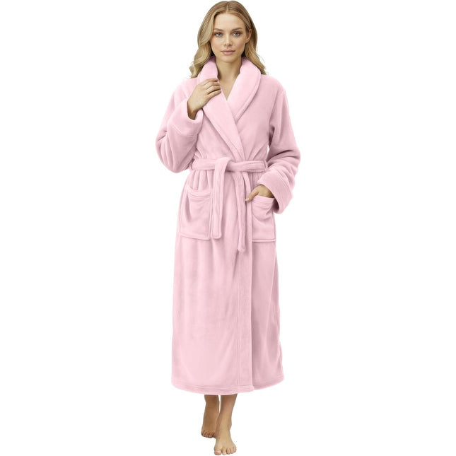 Women’s plush fleece long bath robe with shawl collar in solid color