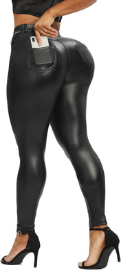 RIOJOY Womens Sexy Leather Leggings PU High Waist Butt Lifting Pleather Pants Stretchy Faux Leather Tights Push Up