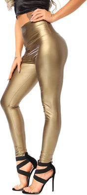 Faux leather leggings for women – shiny high waist stretchy pleather pants for night out or casual wear