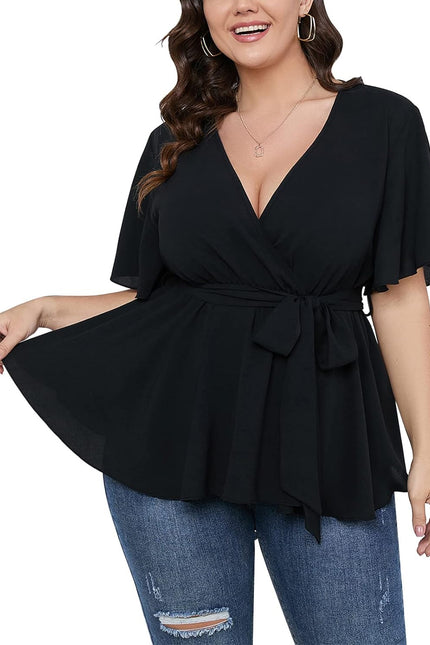 SCOMCHIC Women'S plus Size Short Sleeve V Neck Wrap Belted Ruffle Peplum Blouse Tops