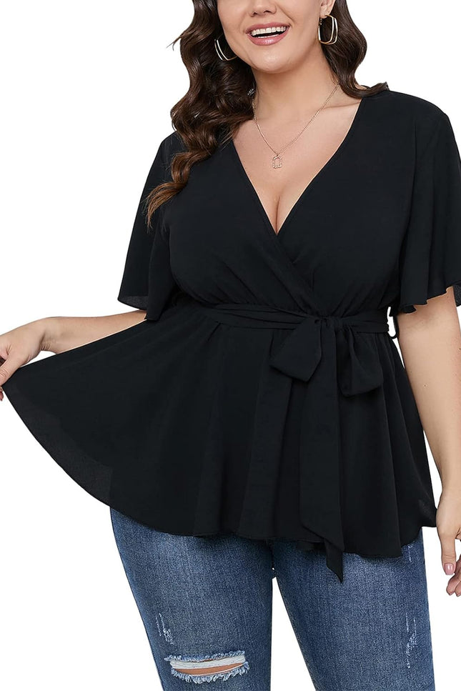 SCOMCHIC Women'S plus Size Short Sleeve V Neck Wrap Belted Ruffle Peplum Blouse Tops