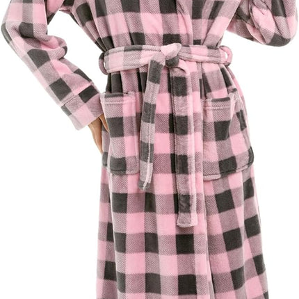 Plush fleece hooded bathrobe for women with long full-length design and warm winter comfort