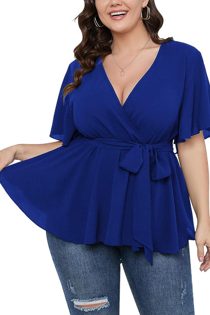 SCOMCHIC Women'S plus Size Short Sleeve V Neck Wrap Belted Ruffle Peplum Blouse Tops