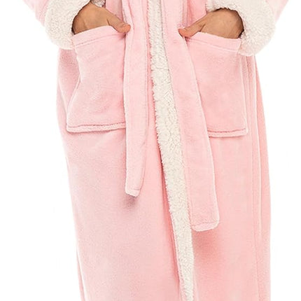 Women’s plush sherpa long bath robe with shawl collar and pockets in steel gray