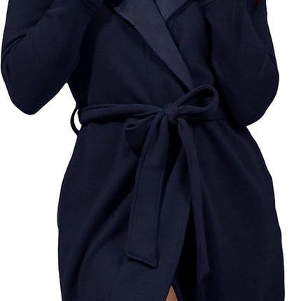 Women wearing ultra plush cozy fleece robe with shawl collar and pockets in heather grey