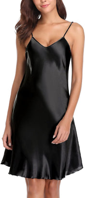 Vlazom Women Sexy Lingerie Satin Nightgown Silk Chemise Mini Slips V Neck Negligee Sleepwear with Adjustable Straps