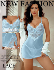 Avidlove Underwire Lingerie for Women Lace Babydoll Chemise Mesh Nightgown V Neck Side Slit