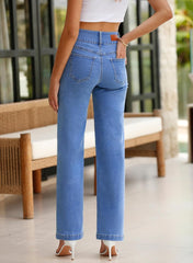 Sidefeel Women'S Jeans High Waisted Straight Leg Stretchy Jeans Trendy Welt Pockets Loose Wide Leg Zimbaplatinum Denim Pants