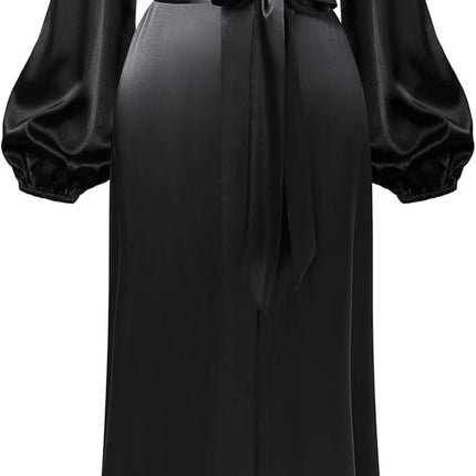 Women wearing long satin kimono robe with silky finish and tie waist in caramel color