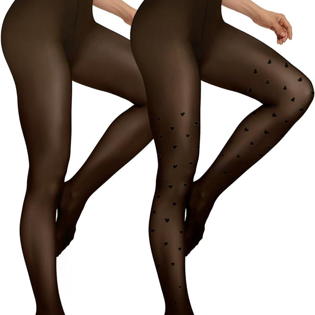 2-pair fleece lined thermal tights for women with fake translucent look and warm winter lining