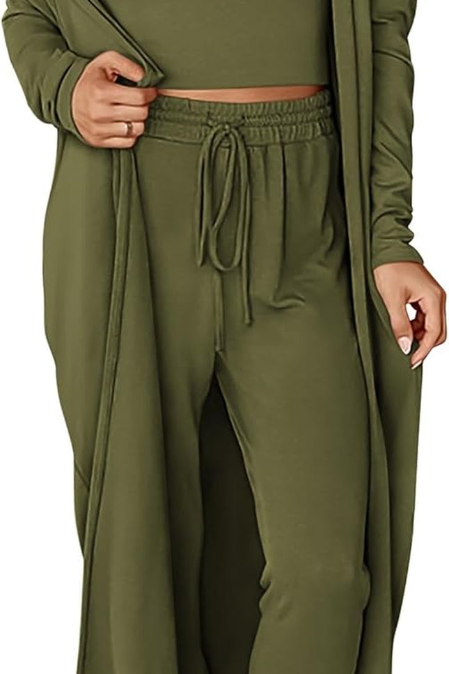 Women wearing 3-piece lounge set with long cardigan, sleeveless top, and jogger pants in army green