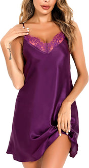 Vlazom Women Sexy Lingerie Satin Nightgown Silk Chemise Mini Slips V Neck Negligee Sleepwear with Adjustable Straps