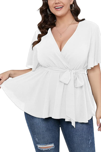 SCOMCHIC Women'S plus Size Short Sleeve V Neck Wrap Belted Ruffle Peplum Blouse Tops
