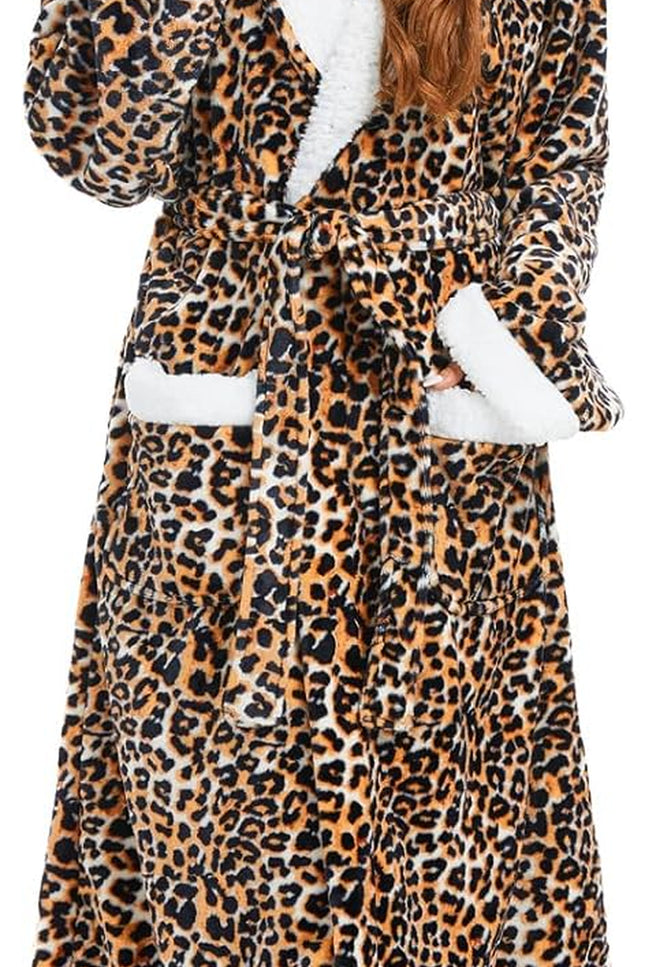 Long plush fleece hooded robe for women with soft warm fabric and relaxed fit