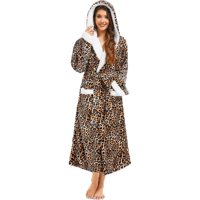Long plush fleece hooded robe for women with soft warm fabric and relaxed fit