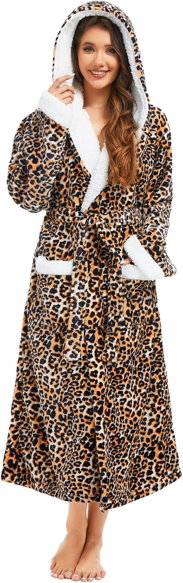 Women’s Long Plush Fleece Hooded Robe – Cozy Warm Lounge Bathrobe