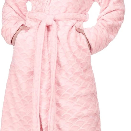 Women’s plush fleece kimono robe with pockets in light pink, knee-length cozy bathrobe