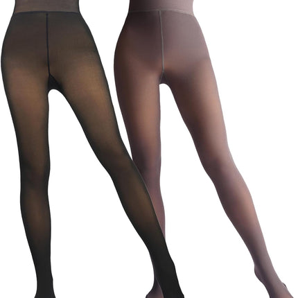 2-pack fleece lined sheer tights for women with fake translucent look and high-waist winter fit