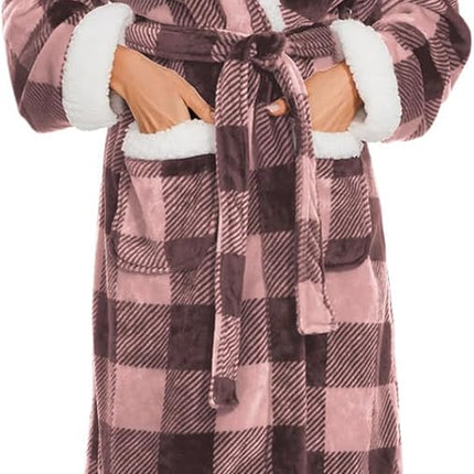 Iniber Plush Robes for Women, Womens Robe Long, Fuzzy Fluffy Soft Warm Fleece Hooded Bathrobe