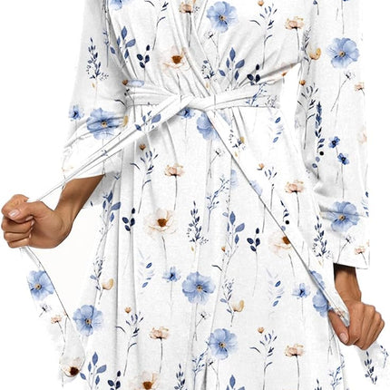 Women wearing lightweight knee length bath robe with 3/4 sleeves and tie waist in leopard khaki