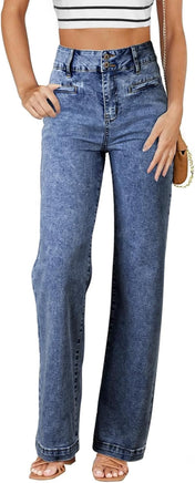 Sidefeel Women'S Jeans High Waisted Straight Leg Stretchy Jeans Trendy Welt Pockets Loose Wide Leg Zimbaplatinum Denim Pants