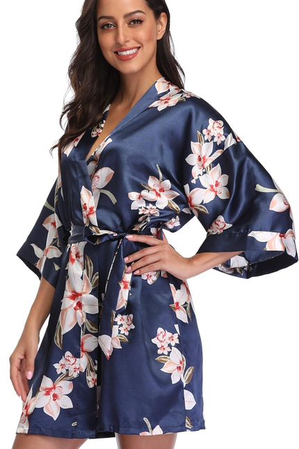 Women Floral Robes Bridesmaids Short Satin Kimono Sleepwear for Wedding Party