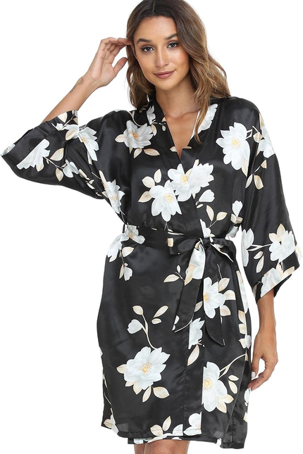 Women Floral Robes Bridesmaids Short Satin Kimono Sleepwear for Wedding Party