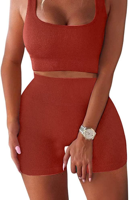Women'S Workout Sets Ribbed Tank 2 Piece Seamless High Waist Gym Outfit Yoga Sho