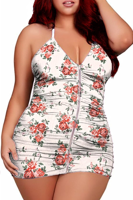 Plus Size Sheer Stretch Mesh Babydoll Dress Zipper Shirring Halter Chemise Curvy