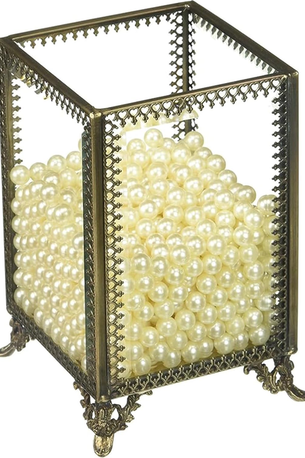 Putwo Vintage Makeup Brush Holder Glass and Brass Organizer Handmade Cosmetic Br