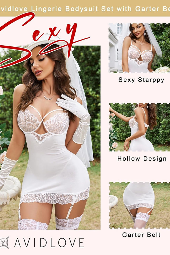 Lingerie for Women Teddy Bodysuit with Garter Belt Lace Babydoll Full Slips No S
