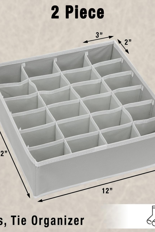 2 Pack Closet Sock Organizer, 24 Cell Drawer Divider, Gray
