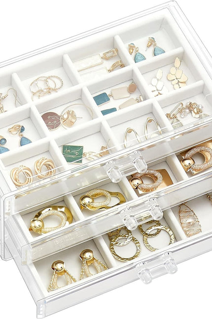 Procase Earring Holder Organizer Jewelry Box with 3 Drawers, Acrylic Clear Earri