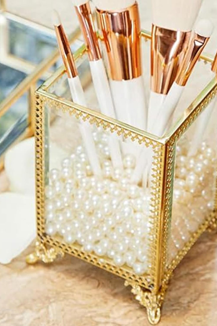 Putwo Vintage Makeup Brush Holder Glass and Brass Organizer Handmade Cosmetic Br