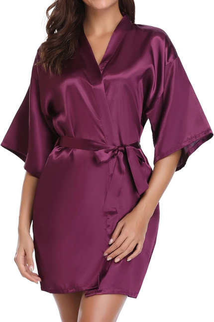 Womens Kimono Robes Dressing Gown Satin Bathrobe Nightdress Short Style Bridal R
