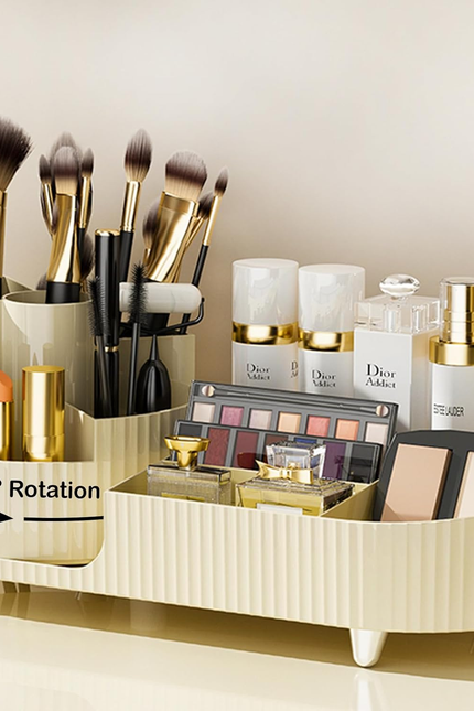 360° Rotating Vanity Makeup Organizer with Brush Holder, Large Spinning Cosmetic